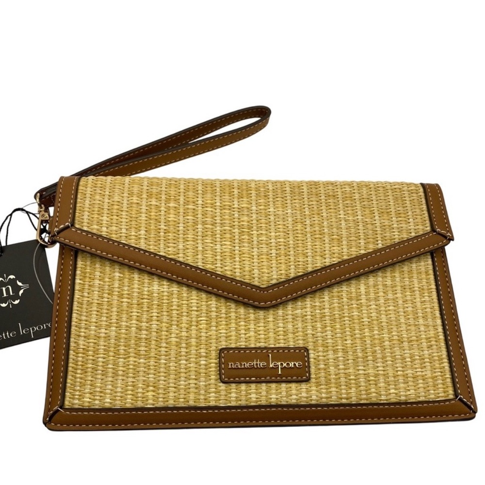 Nanette Lepore Tan Straw Envelope Wristlet Clutch